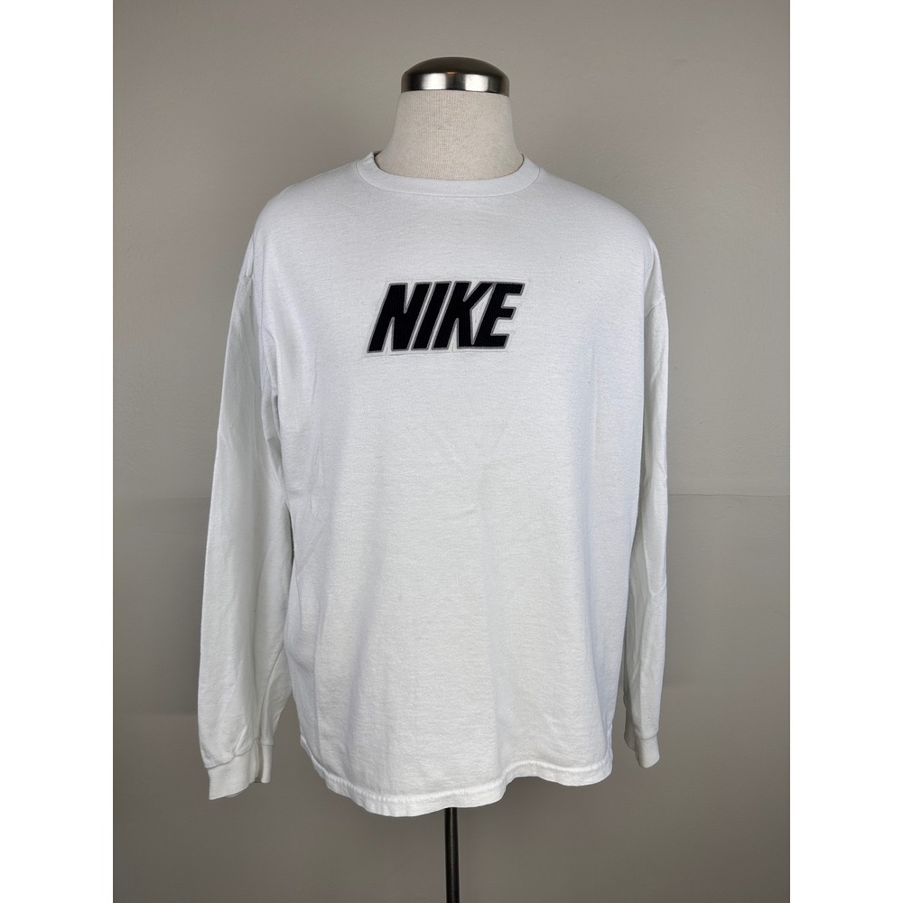 Nike Long Sleeve Shirt Mens Medium White Excellent Spellout Logo Tee